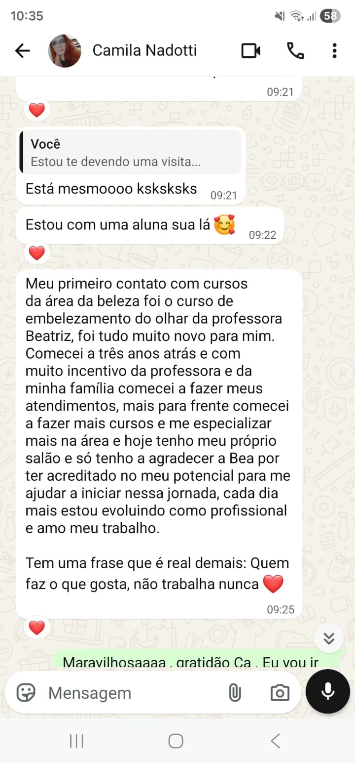 Mensagem de Camila Nadotti agradecendo o curso, no WhatsApp